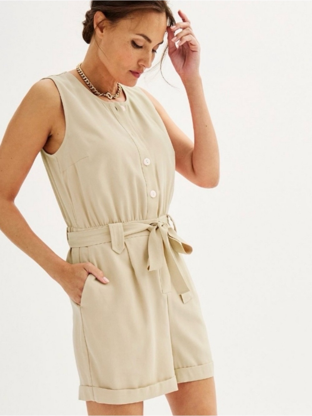 Nine West Women’s Sleeveless Button Front Belted Utility Romper - Beige - Large